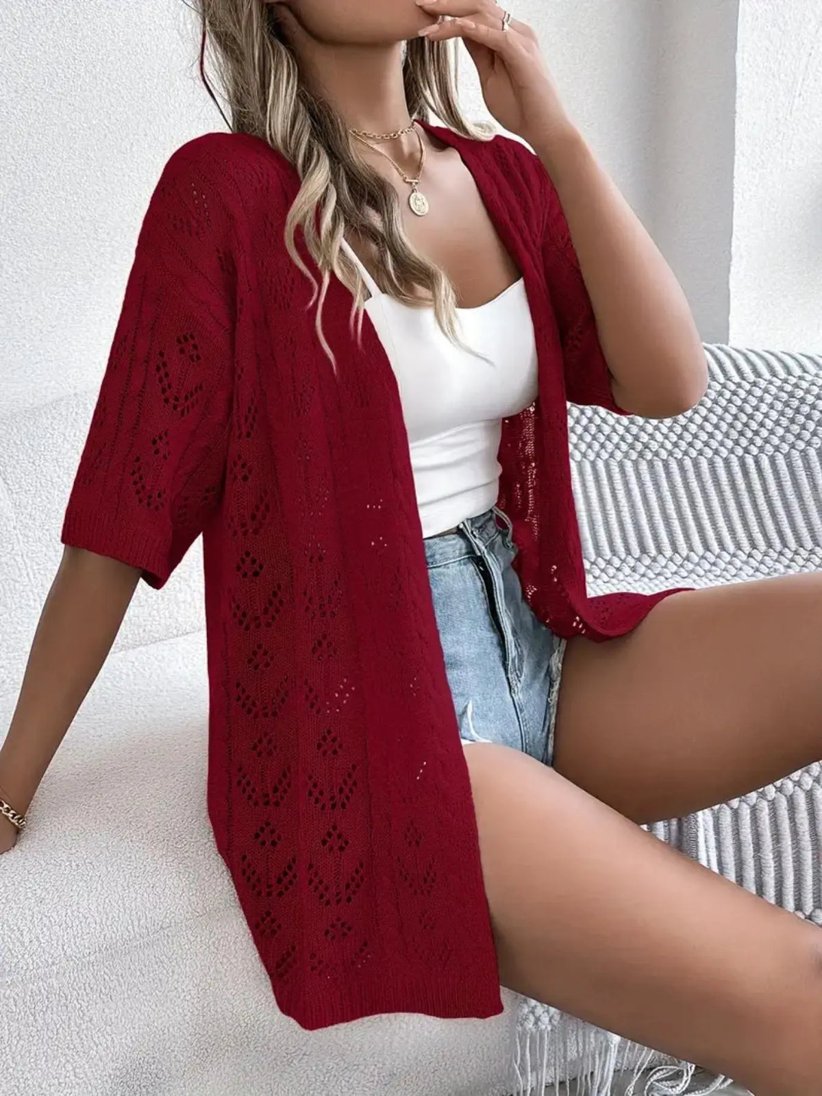 【Plus Size】 Solid Lace Hole Design Knitting Cardigan, Elegant Casual Open Front Loose Fit Short Sleeve Knitwear for Daily Wear, Casual Chic Knitwear, Women's Plus Clothing for All Seasons, Tops