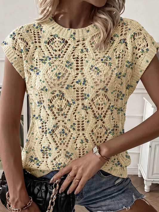 Women's Elegant Floral Print Round Neck Cardigan Vest, Breathable Knit Top, Hollow Out Design, Casual All-Season Wear