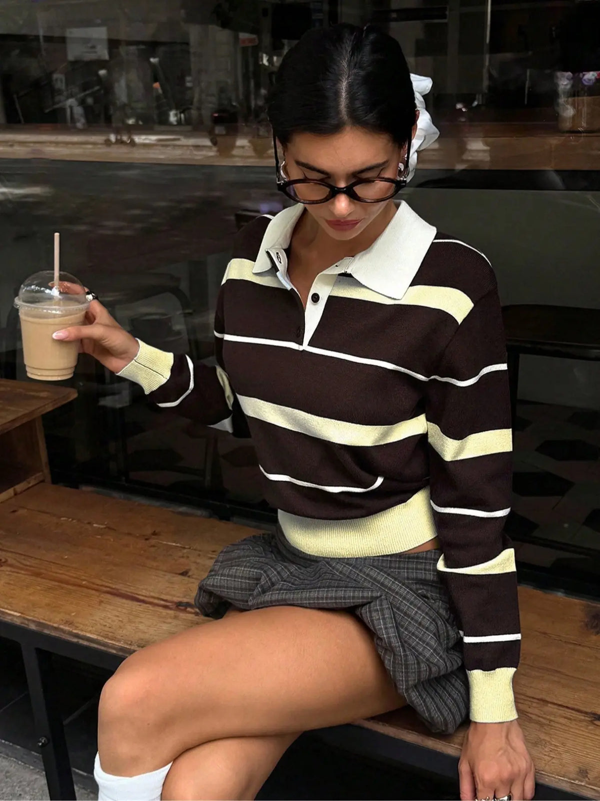 Trendy Women's College Style Polo Neck Sweater, Blue Striped Loose Knitwear, Casual Fashion Pullover for Fall & Winter