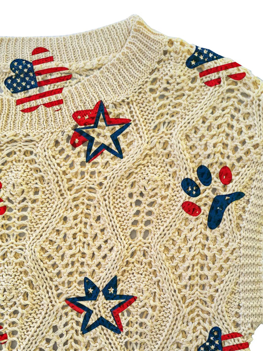 Women's Elegant Cartoon Paw Print Star Independence Day Print Hollow Out Round Neck Sleeveless Knit Sweater, Casual Daily Wear, Comfortable and Versatile