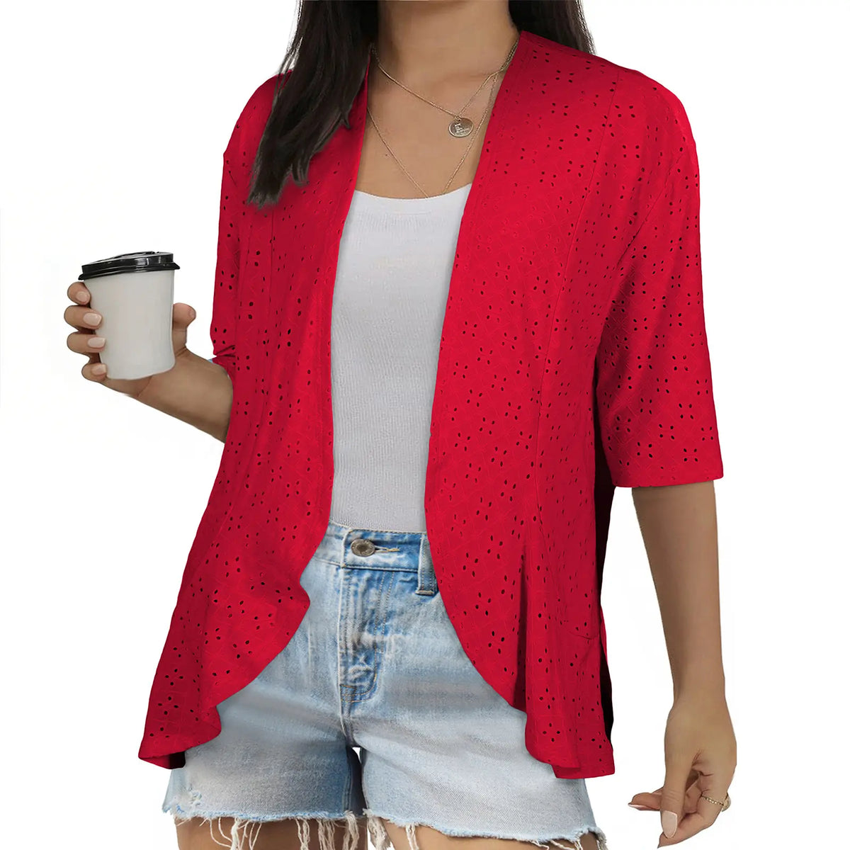 Eytino Plus Size Cardigan for Women Half Sleeve Netted Knit Ruffle Kimono Cover up Tops 2026 Spring Clothes(1X-5X)