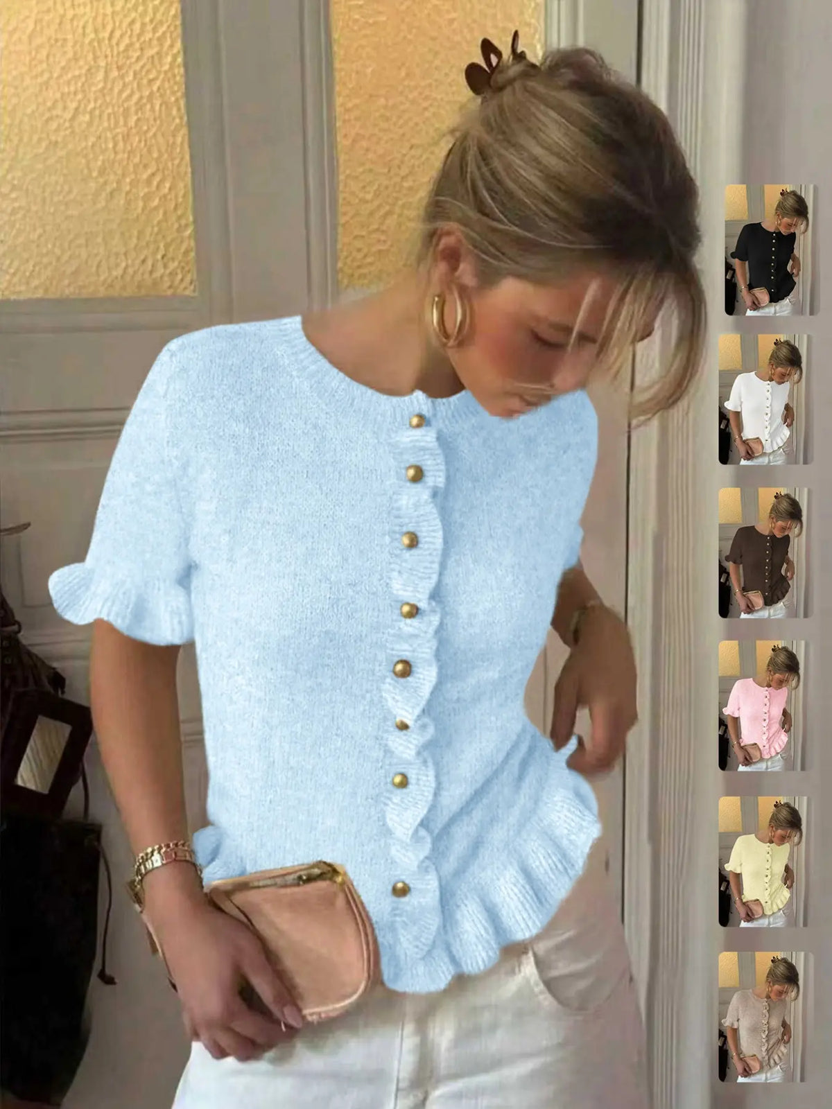 Women's Spring Summer Vintage Fashion Casual Round Neck Short Sleeve Knitted Cardigan Knitwear, Ruffle Design and Metal Buttons, Elegant Soft Sweater Knitting