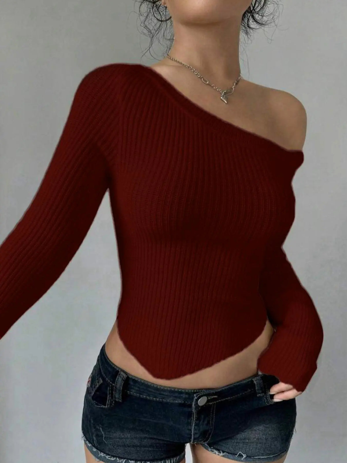Women's Plain Asymmetrical Neck Crop Sweater, Casual Long Sleeve Asymmetrical Hem Jumper for Spring & Fall, Fashion Basic Women's Knitwear Fabric for Daily Wear, Womenswear Tops, Knit Sweaters