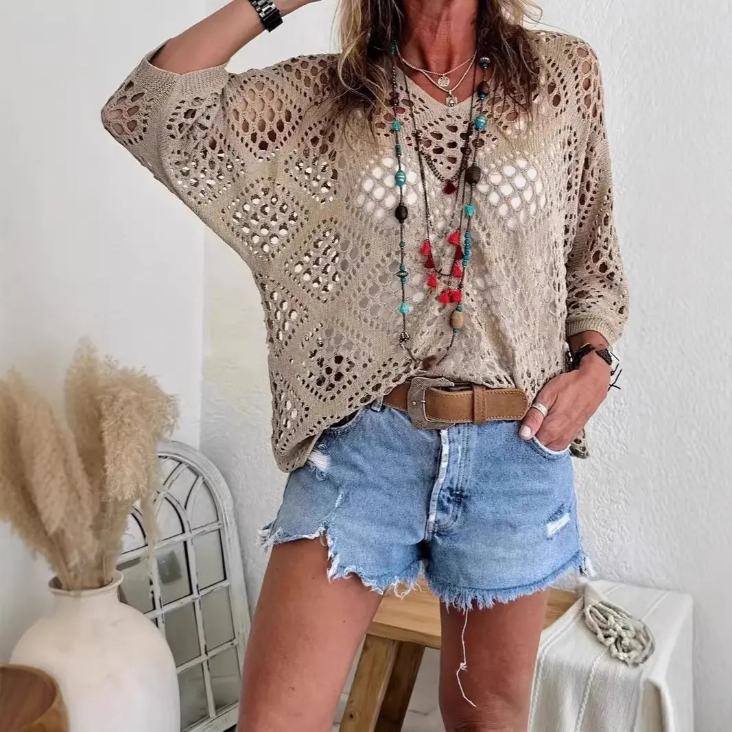 Summer V-neck Rhombus Hollow Bat Sleeve Women's Sweater Blouse Knitted Women's Clothing
