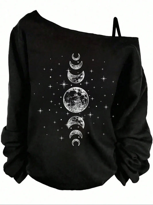Women's Casual Loose-Fit Long Sleeve Knit T-Shirt, Aesthetic Casual Knitwear, Casual Fashion Knitwear, Moon Print Design, Comfortable Home Wear for All Seasons, Daily Leisure, Everyday Knitwear Top, Casual Knitting Top, Lady