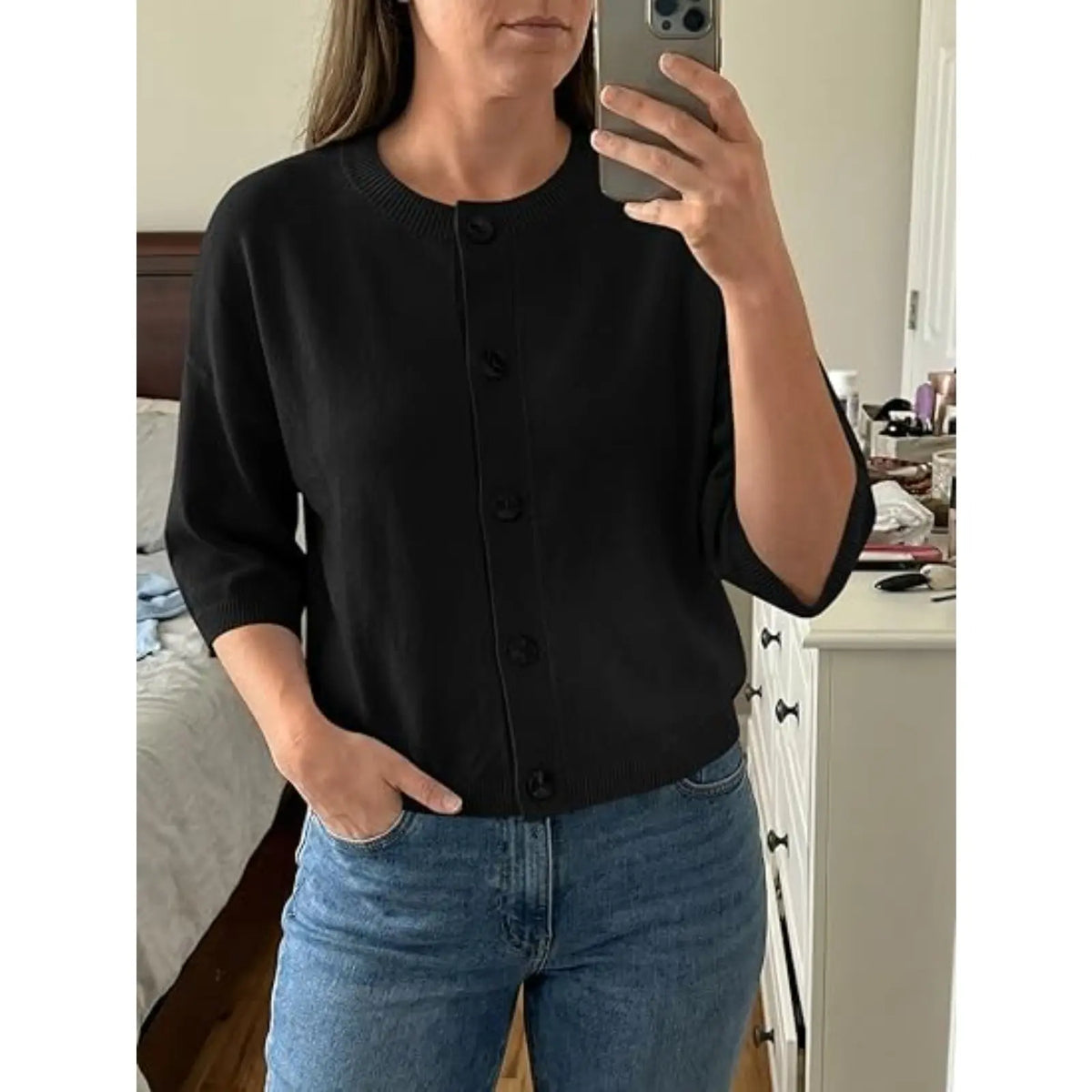Saodimallsu Women's Basic Short Sleeve Knit Cardigan - Casual Lightweight Round Neck Button-Down Mixed Fibers Fabric Tops for Women, Easy Machine Wash Summer Everyday Wear