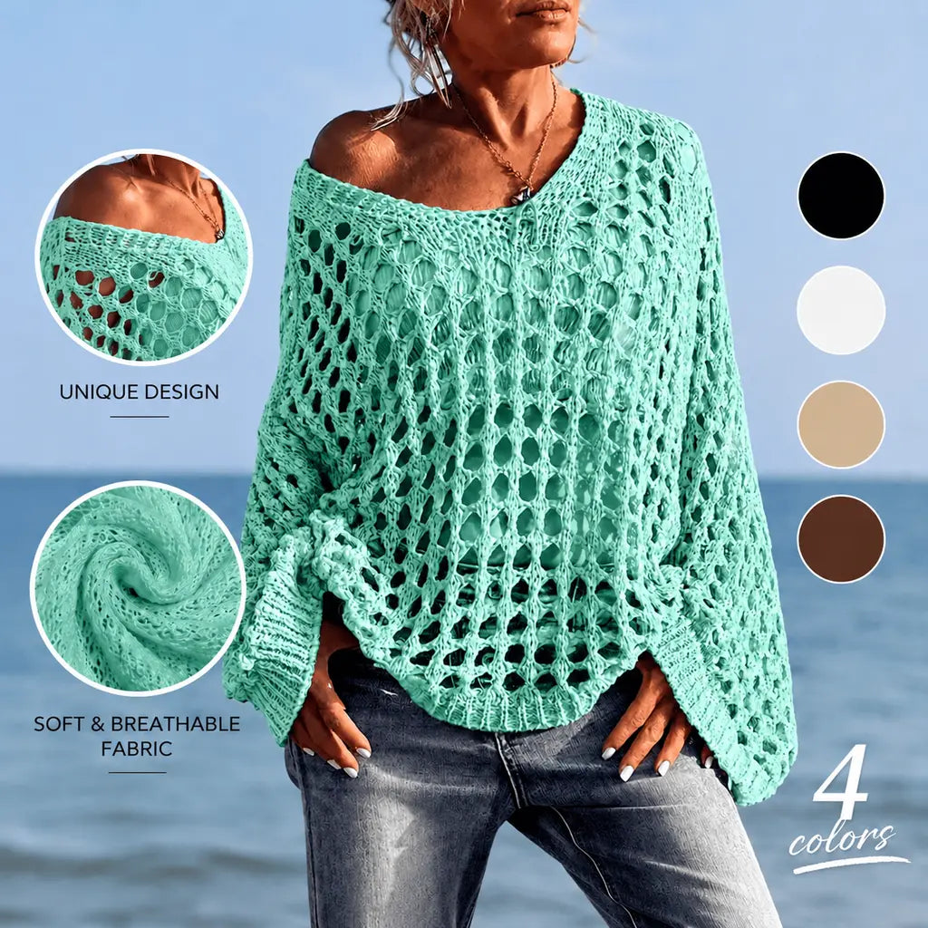 Yodutry Women's Flirty Off-Shoulder Cotton Blend Sweaters - Long Sleeves, Hollow Out Crochet Knit Pullover, Slouchy Drape Layers Over Camisoles, Loose Boho Beach Cover Ups for Swimwear Use