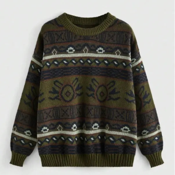 Women's Geometric Pattern Drop Shoulder Sweater, Knitwear Oversized, Fairycore, Long Sleeve Round Neck Sweater Casual Comfort Fit Womenswear