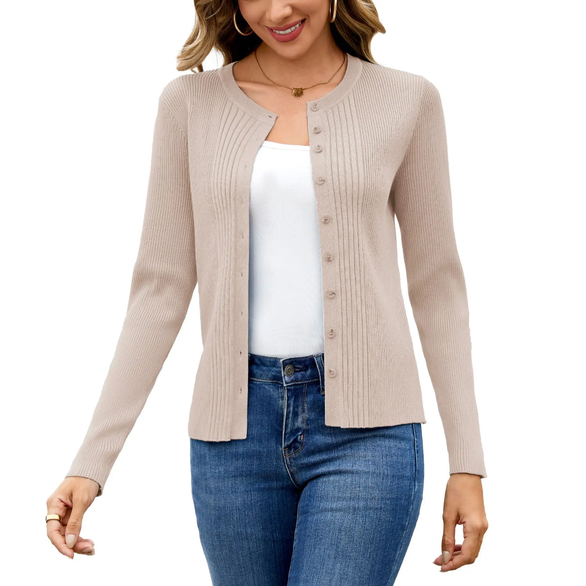 TOTATUIT Women's Solid Ribbed Long-Sleeve Button-Front Cardigan - Soft Texture Knit Fabric, Clean Minimalist Classical Chic, Medium Cut Essential Top for Work, Office-To-Weekend Ready Casual Outfits Women