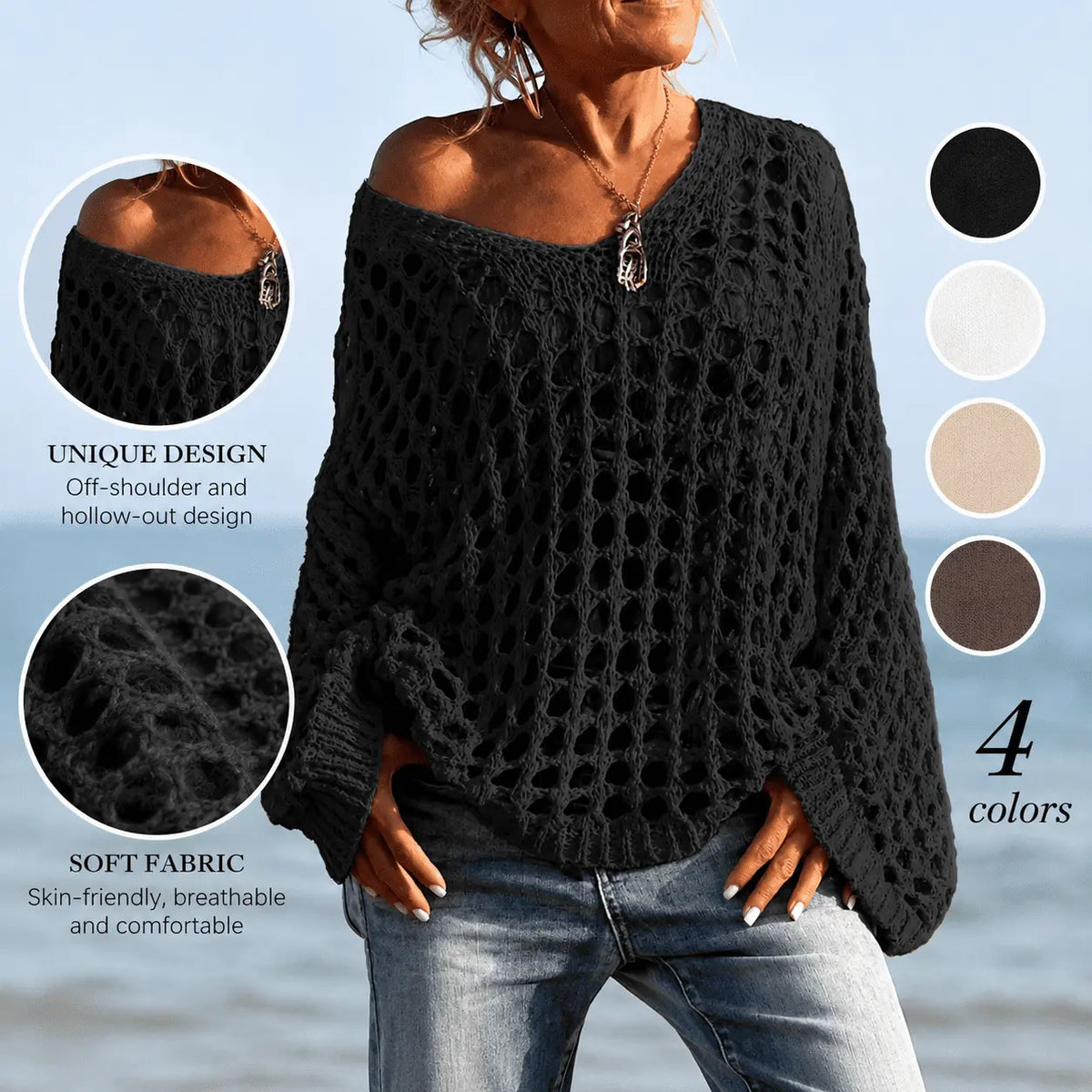 Yodutry Women's Flirty Off-Shoulder Cotton Blend Sweaters - Long Sleeves, Hollow Out Crochet Knit Pullover, Slouchy Drape Layers Over Camisoles, Loose Boho Beach Cover Ups for Swimwear Use
