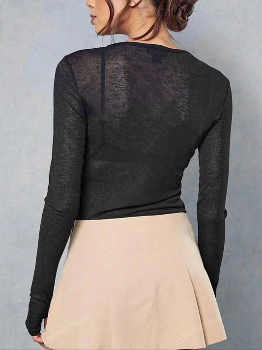 Women's Knit Stretch Sheer Long Sleeve Round Neck Fitted Basic T-Shirt, Knitwear, Chic Stylish Casual Commuter Top for All Seasons, Stretchy Womenswear