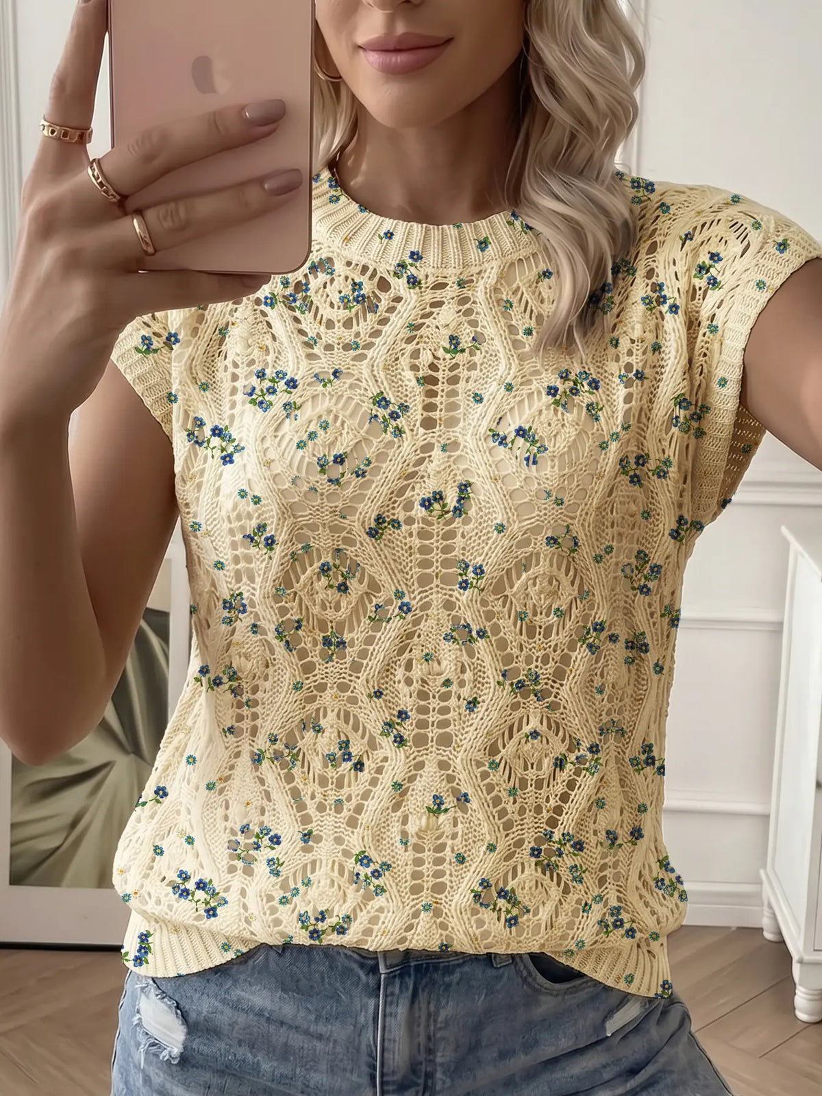 Women's Elegant Floral Print Round Neck Cardigan Vest, Breathable Knit Top, Hollow Out Design, Casual All-Season Wear