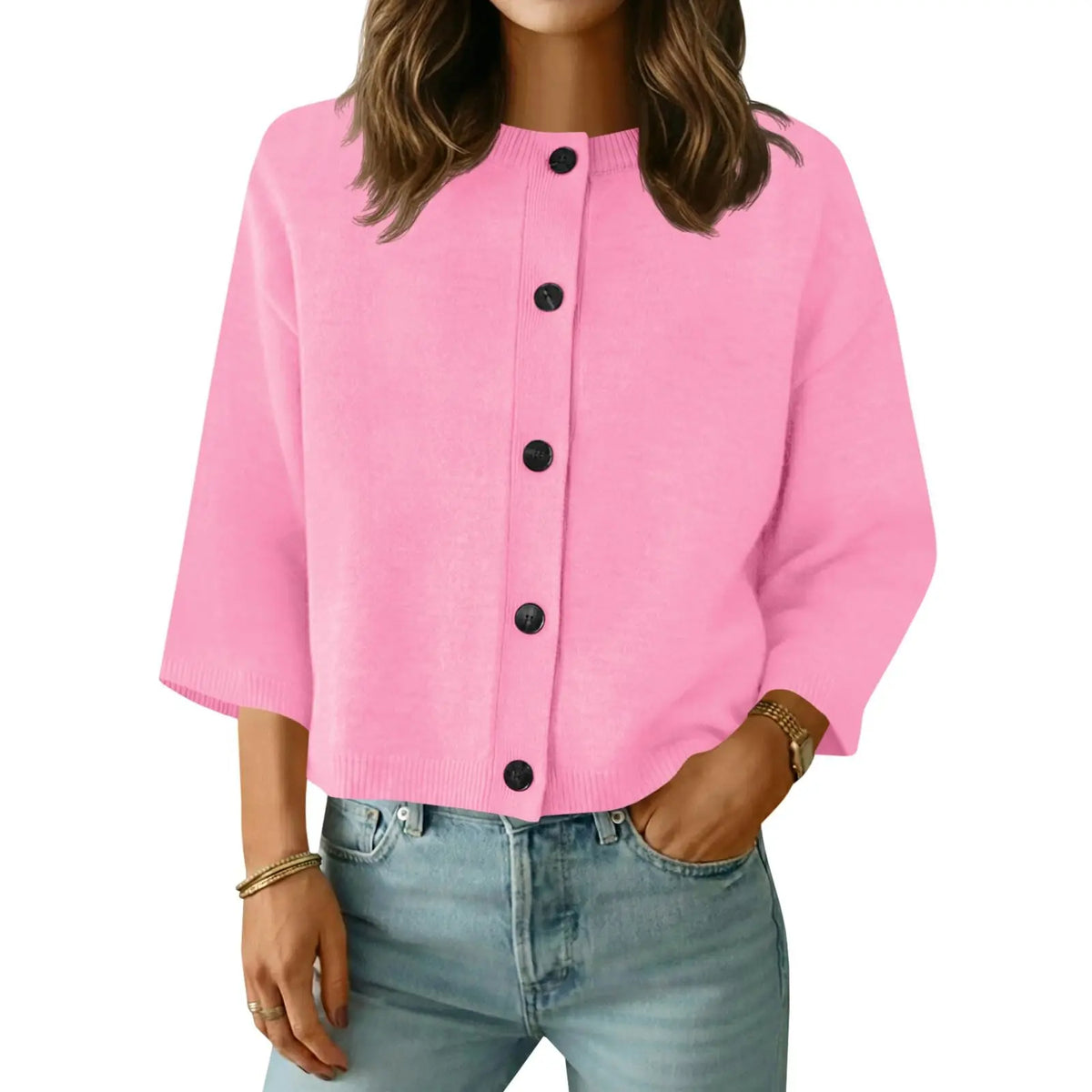 Saodimallsu Women's Basic Short Sleeve Knit Cardigan - Casual Lightweight Round Neck Button-Down Mixed Fibers Fabric Tops for Women, Easy Machine Wash Summer Everyday Wear