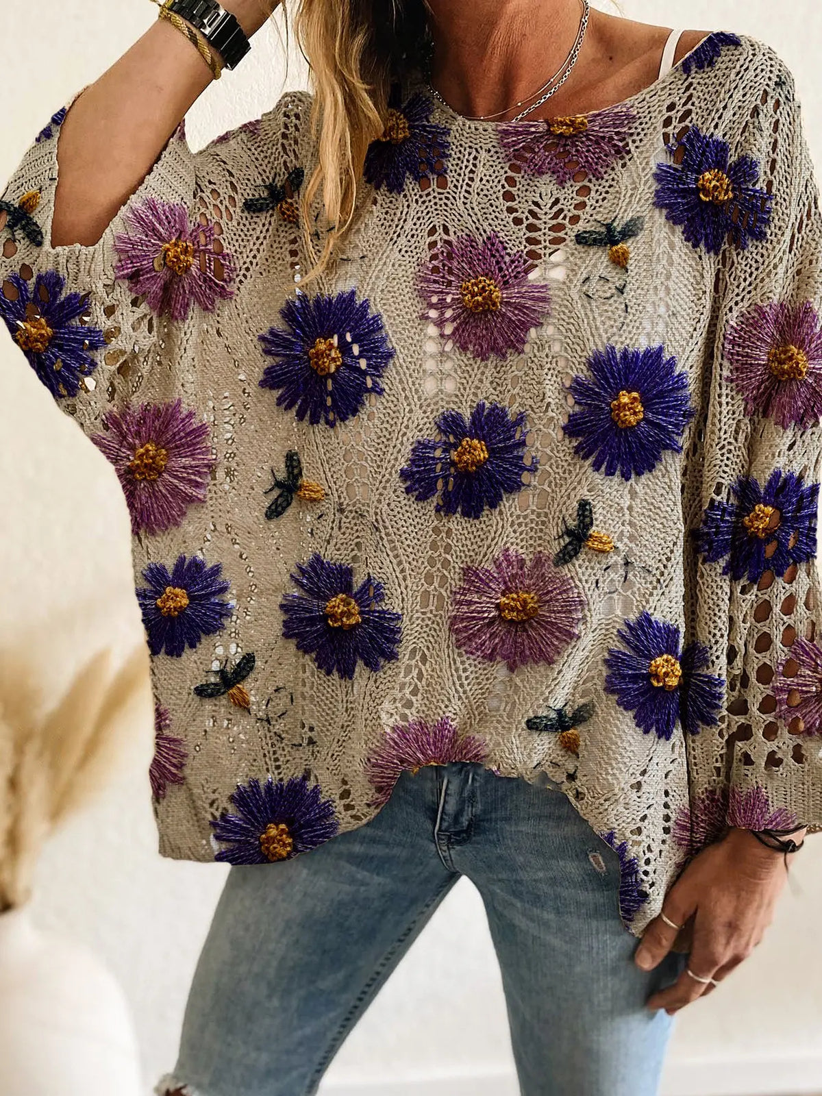 Elegant Women's Floral Print Batwing Sleeve Knit Top, Loose-Fit Knitwear, Ideal for Spring, Summer & Fall, Ladies Casual Fashion Wear