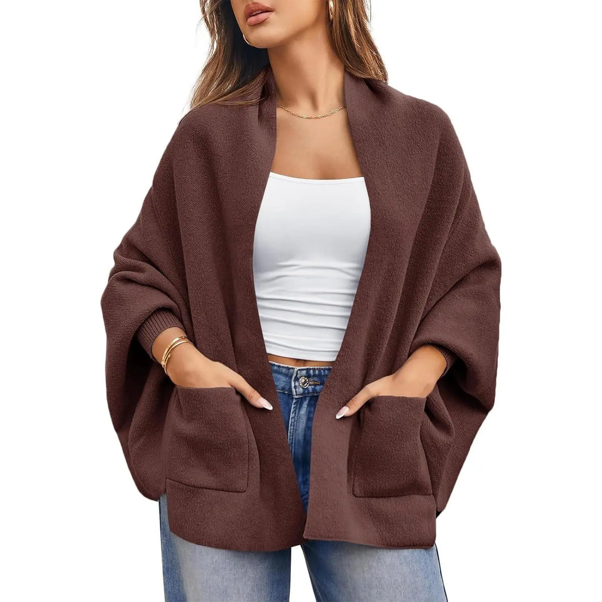 Womens Open Front Cardigan Batwing Long Sleeve Shawl Chunky Knit Loose Fall Poncho Sweater Coats