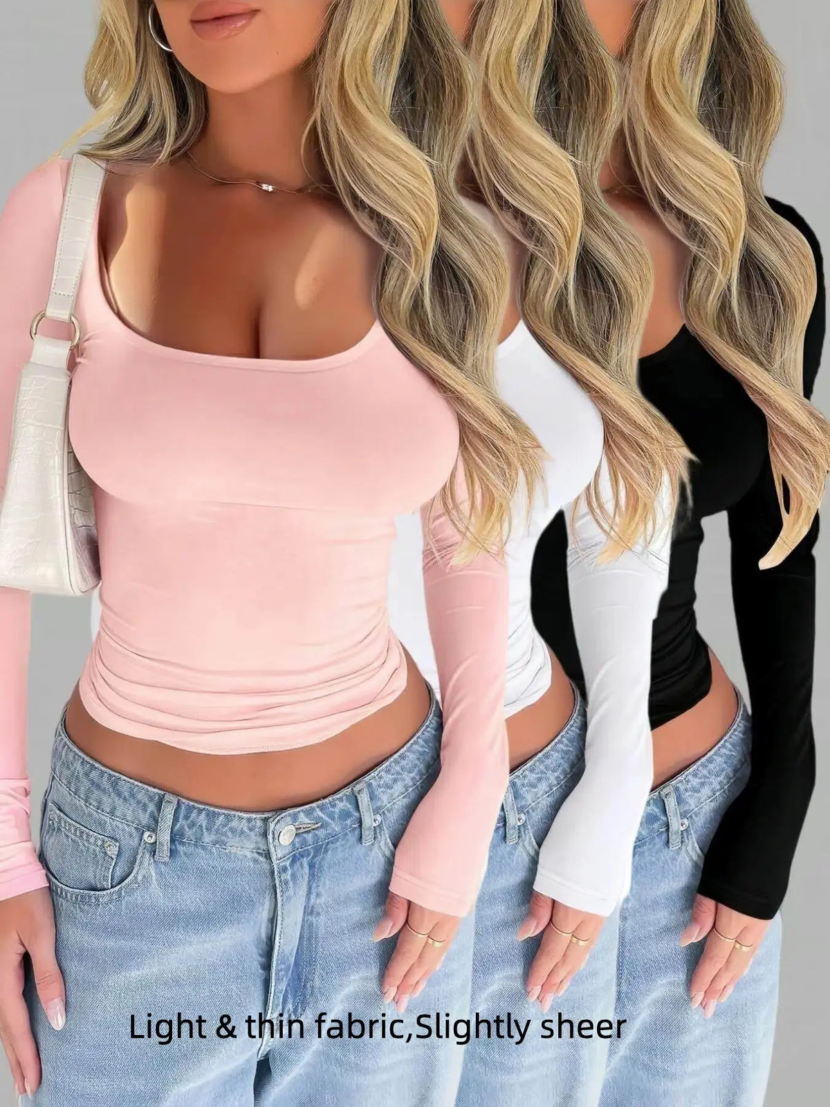 Women's Solid Scoop Neck Long Sleeve Knit Tee, Casual Slim-Fit T-shirt for Spring & Fall, Women's Top for Daily Wear, Basic