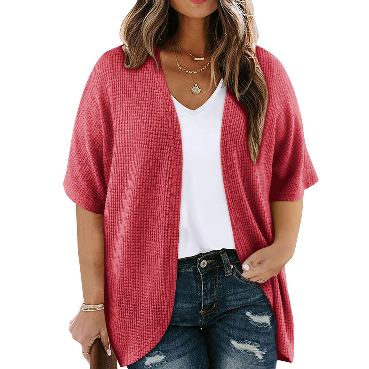 Eytino Womens Plus Size Cardigan Casual Short Sleeve Waffle Knit Kimono Open Front Tops(1X-5X)