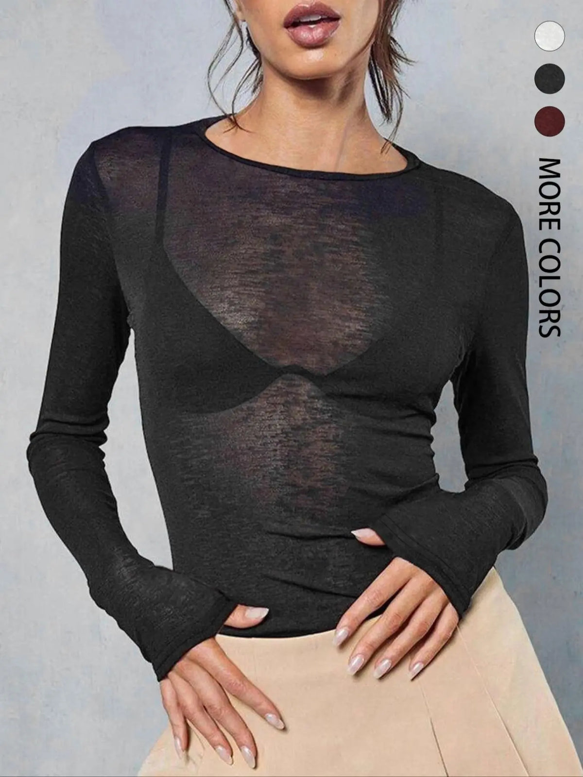 Women's Knit Stretch Sheer Long Sleeve Round Neck Fitted Basic T-Shirt, Knitwear, Chic Stylish Casual Commuter Top for All Seasons, Stretchy Womenswear