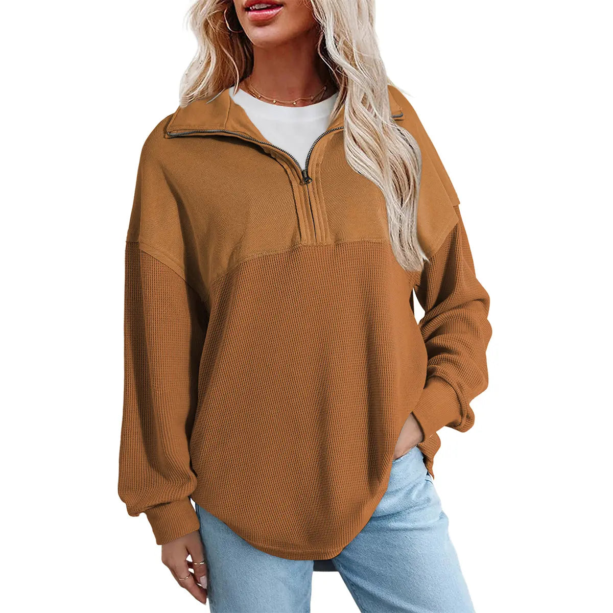 Shewin Women's Half-Zip Waffle Knit Collared Neck Longsleeves Pullovers - Oversized Cotton Polyester Soft Casual Tops for Sports, Plus Size Tops 2XL (Back to School, Vacation Use)