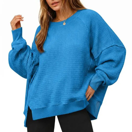 FISOEW Women's Oversized Crewneck Sweatshirt Casual Waffle Knit Pullover Tunic - Breathable Soft Long Sleeve Drop Shoulder with Side Slits, Spring & Fall Casual Everyday, Plus Size Friendly, Cute Tops