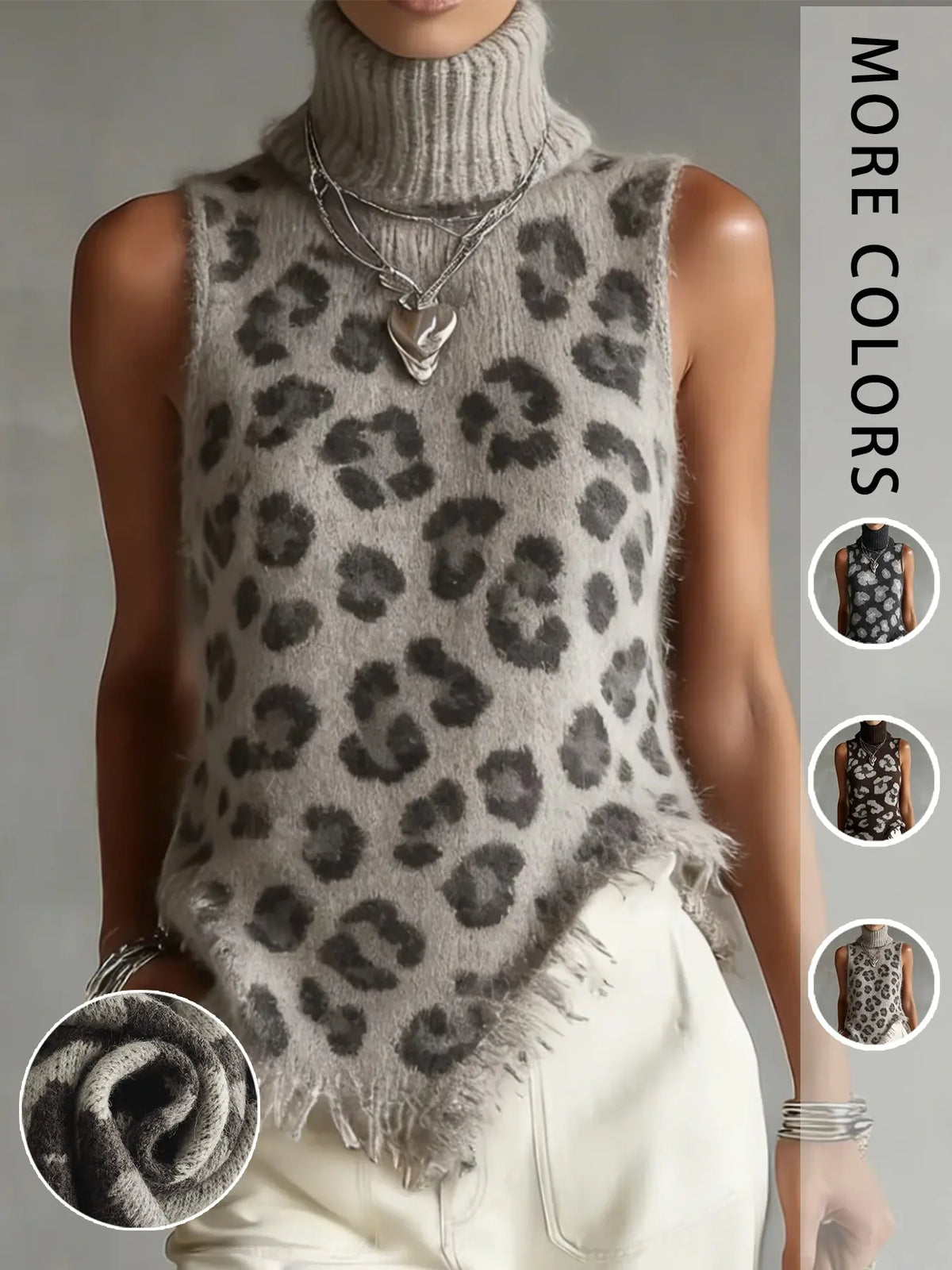 Women's Leopard Print High Neck Knit Vest, Sleeveless Asymmetrical Hem Knitted Top, Fall Winter Casual Layering Outerwear, Sleeveless Knitted Vests