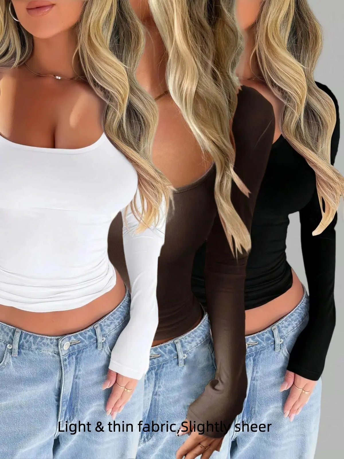 Women's Solid Scoop Neck Long Sleeve Knit Tee, Casual Slim-Fit T-shirt for Spring & Fall, Women's Top for Daily Wear, Basic