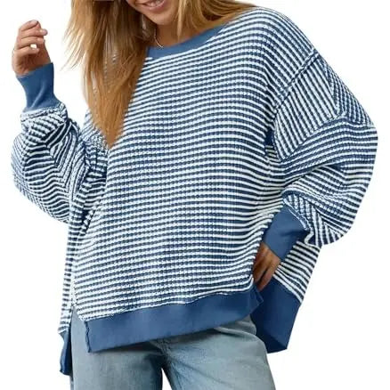 FISOEW Women's Oversized Crewneck Sweatshirt Casual Waffle Knit Pullover Tunic - Breathable Soft Long Sleeve Drop Shoulder with Side Slits, Spring & Fall Casual Everyday, Plus Size Friendly, Cute Tops