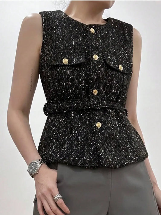 Women's Elegant Chic Belted Vest, Round-Neck Sleeveless Single-Breasted Fitted Top, Vintage Commuter Style for Casual Daily Wear