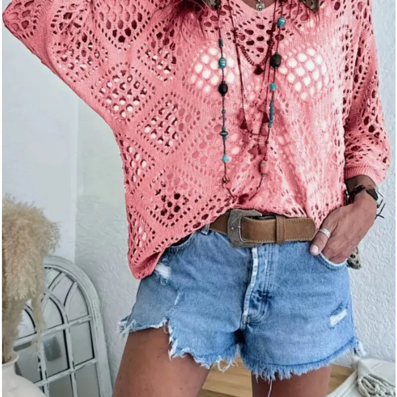 Summer V-neck Rhombus Hollow Bat Sleeve Women's Sweater Blouse Knitted Women's Clothing