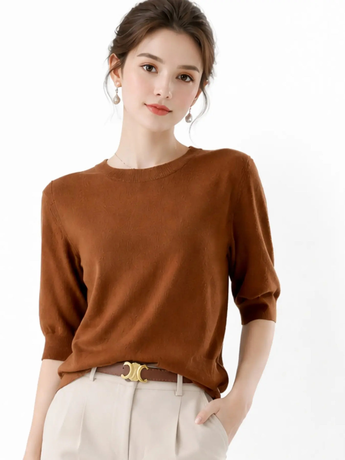 New Cross-Border Fine Knit Round Neck Basic T-Shirt, Women's Mid- Sleeve Knitted Top, Fashion Casual Comfortable Shirt, Soft Smooth Four Seasons Wear, Knitwear, Daily Wear Knitwear