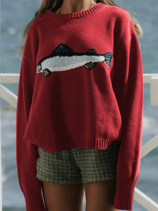 New Fashion Women's Sweater Tops, Autumn Winter Loose High Elastic Fit Round Neck Long Sleeve Pullover Animal Fish Pattern Knitwear, Casual Everyday Wear Fall Winter Knit