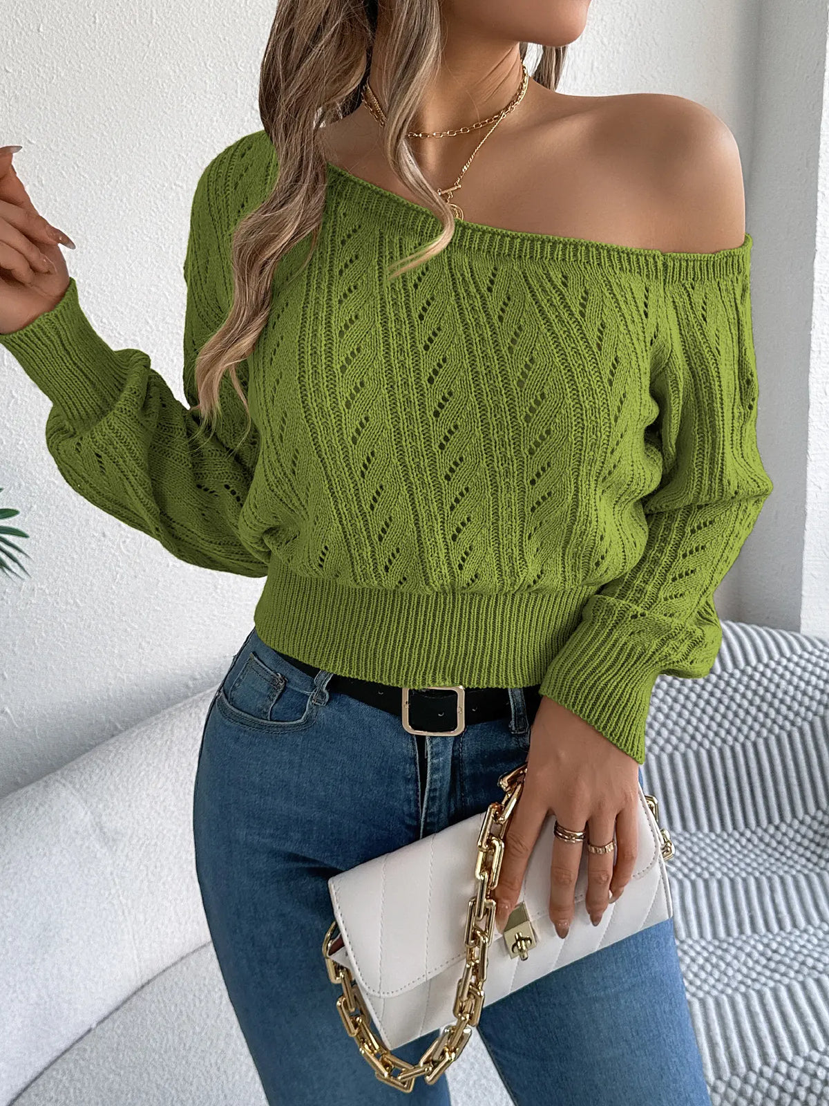 Women's Plain Textured Hollow-Out Asymmetrical Neck Fitted Sweater, Elegant Raglan Sleeve Jumper for Fall & Winter, Fashion Ladies' Knitwear for Daily Casual Wear, Long Sleeves, Womenswear