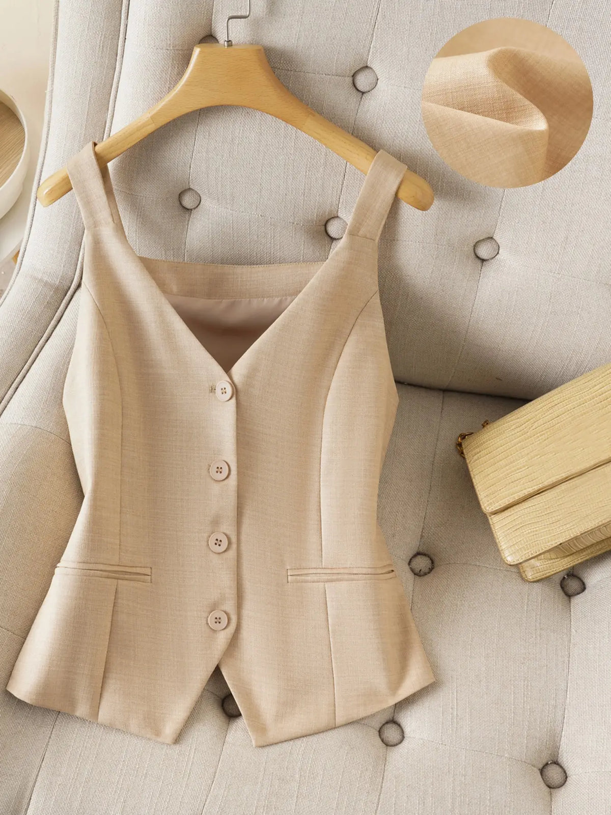 Strapless Short Gilet Vests for Women, Spring Autumn Fashion Commuter Outerwear, Slim-Fitting Button Front Top, Plain Surface Design