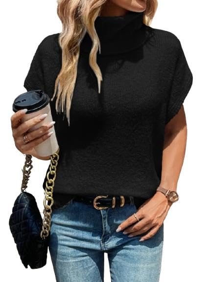 WDIRARA Women's Turtleneck Cap Sleeve Sweater Vest Pullover Knitted Top Loose Oversized Knitwear