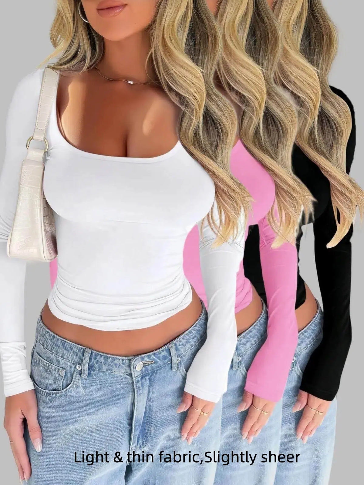 Women's Solid Scoop Neck Long Sleeve Knit Tee, Casual Slim-Fit T-shirt for Spring & Fall, Women's Top for Daily Wear, Basic