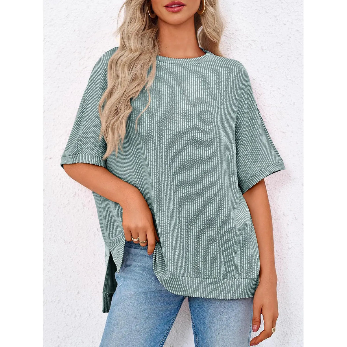 Danedvi Plus Size Oversized Knit Tunic Top Casual Summer Tee for Curvy Women - Soft Stretch Round Neck, Short Batwing/Dolman Sleeves, Side Slits, Striped or Solid Options, S-3XL Everyday Fashion