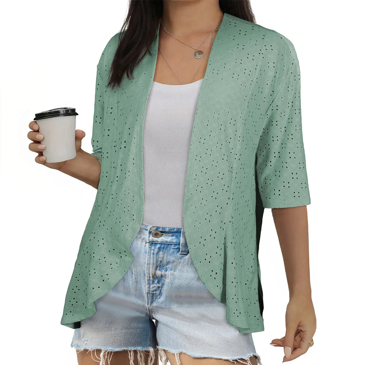 Eytino Plus Size Cardigan for Women Half Sleeve Netted Knit Ruffle Kimono Cover up Tops 2026 Spring Clothes(1X-5X)