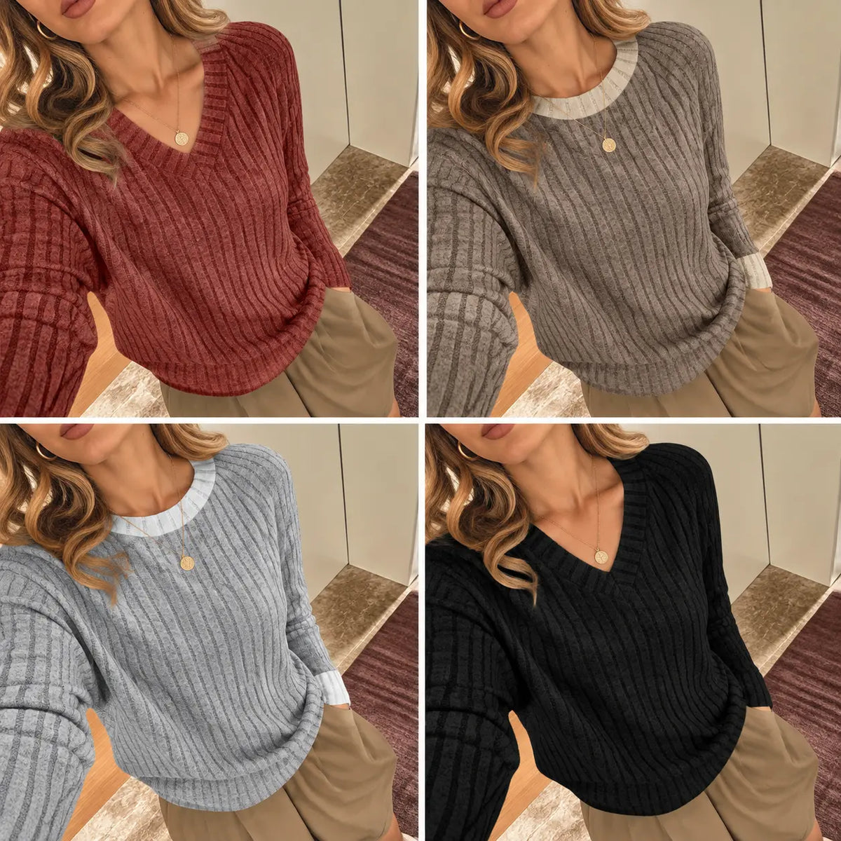 Wiholl Women's Solid Casual Long Sleeve V-Neck Knit Tunic Top - Lightweight, Wrinkle-Resistant (Maintains Crisp Look After Washing), Autumn Oversized Loose Fit Knitwear for Layering, Basic Work Wear, Women's Clothes