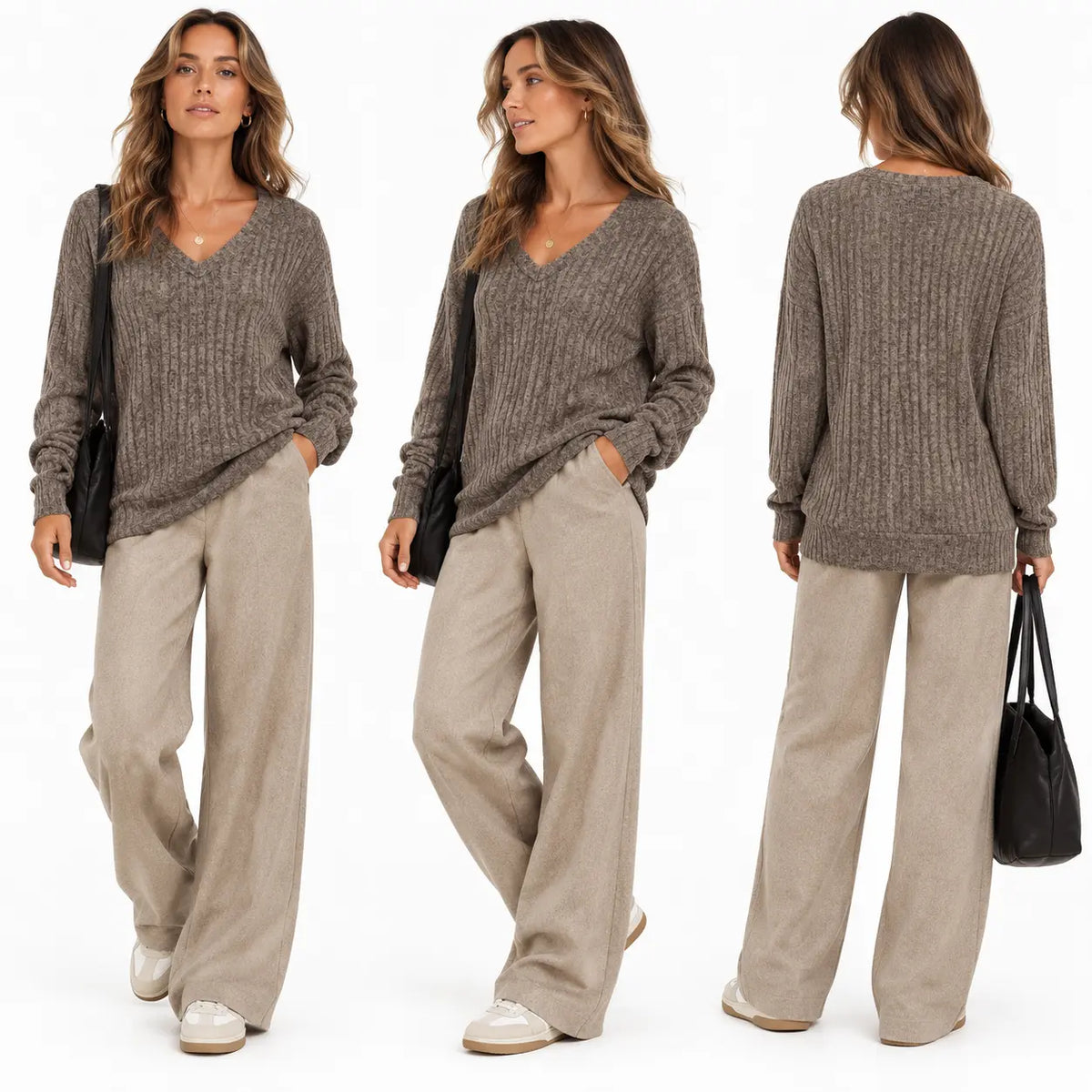 Wiholl Women's Solid Casual Long Sleeve V-Neck Knit Tunic Top - Lightweight, Wrinkle-Resistant (Maintains Crisp Look After Washing), Autumn Oversized Loose Fit Knitwear for Layering, Basic Work Wear, Women's Clothes