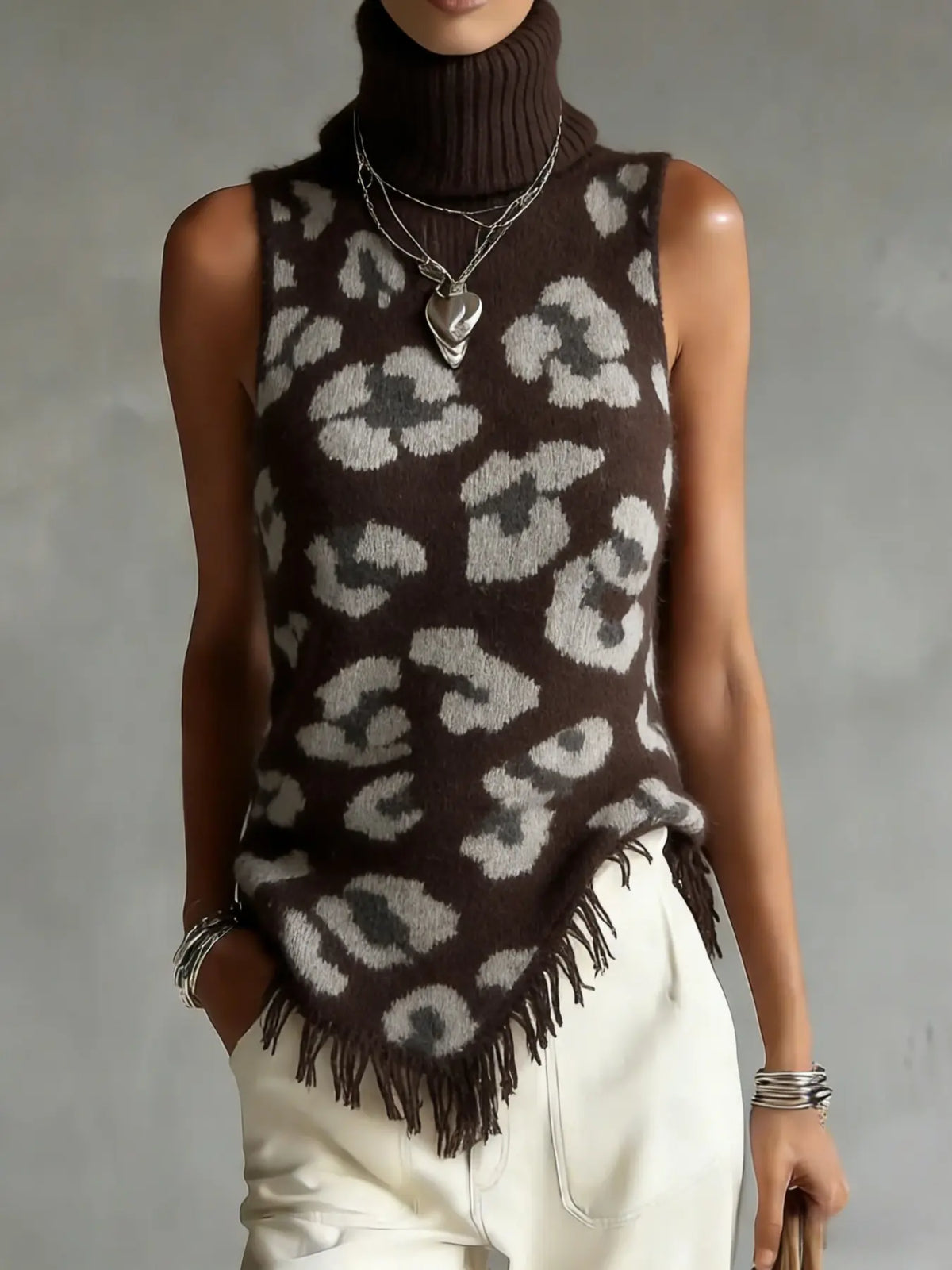 Women's Leopard Print High Neck Knit Vest, Sleeveless Asymmetrical Hem Knitted Top, Fall Winter Casual Layering Outerwear, Sleeveless Knitted Vests