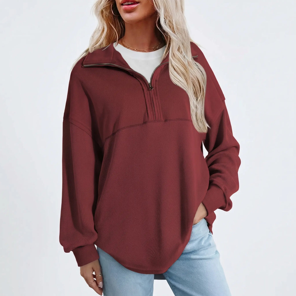 Shewin Women's Half-Zip Waffle Knit Collared Neck Longsleeves Pullovers - Oversized Cotton Polyester Soft Casual Tops for Sports, Plus Size Tops 2XL (Back to School, Vacation Use)