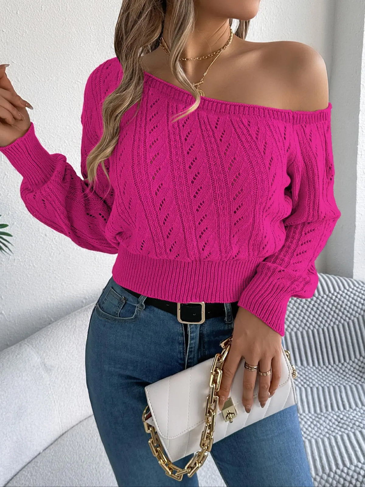 Women's Plain Textured Hollow-Out Asymmetrical Neck Fitted Sweater, Elegant Raglan Sleeve Jumper for Fall & Winter, Fashion Ladies' Knitwear for Daily Casual Wear, Long Sleeves, Womenswear