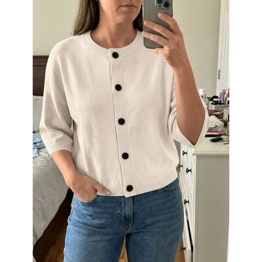Saodimallsu Women's Basic Short Sleeve Knit Cardigan - Casual Lightweight Round Neck Button-Down Mixed Fibers Fabric Tops for Women, Easy Machine Wash Summer Everyday Wear
