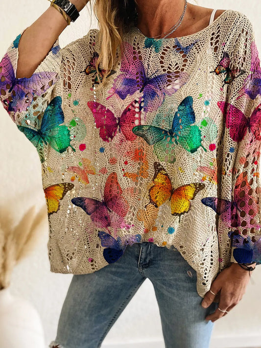 Elegant Women's Floral Print Batwing Sleeve Knit Top, Loose-Fit Knitwear, Ideal for Spring, Summer & Fall, Ladies Casual Fashion Wear