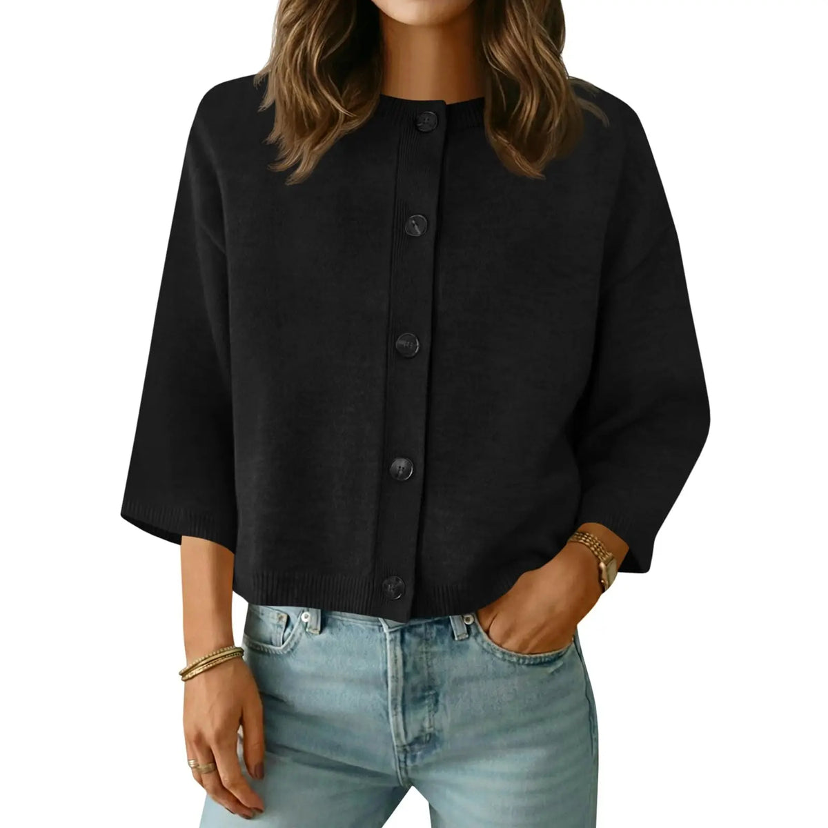 Saodimallsu Women's Basic Short Sleeve Knit Cardigan - Casual Lightweight Round Neck Button-Down Mixed Fibers Fabric Tops for Women, Easy Machine Wash Summer Everyday Wear