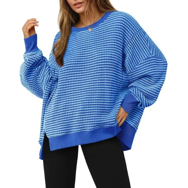 FISOEW Women's Oversized Crewneck Sweatshirt Casual Waffle Knit Pullover Tunic - Breathable Soft Long Sleeve Drop Shoulder with Side Slits, Spring & Fall Casual Everyday, Plus Size Friendly, Cute Tops