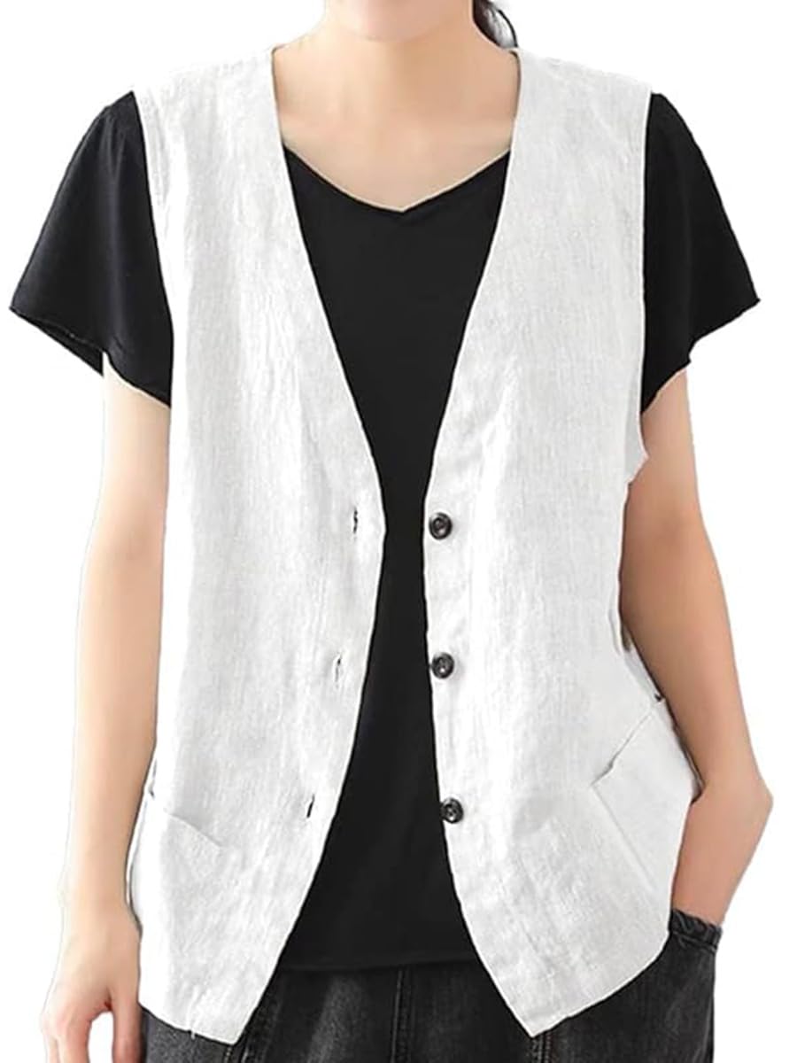 IDEALSANXUN Womens Cotton Linen Vest Casual Sleeveless Blazer