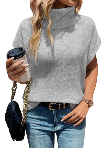 WDIRARA Women's Turtleneck Cap Sleeve Sweater Vest Pullover Knitted Top Loose Oversized Knitwear