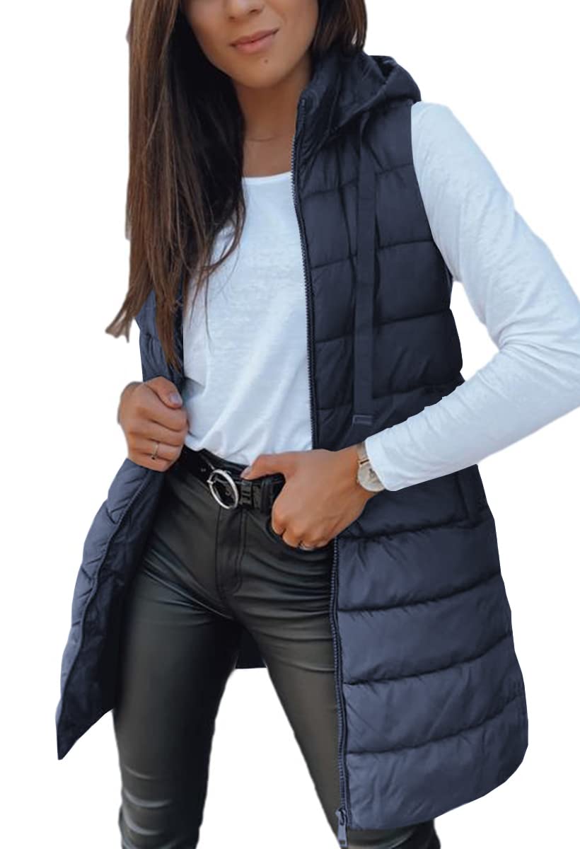 Veatzaer Women Long Vest Sleeveless Hood Winter Puffer Vest Outwear