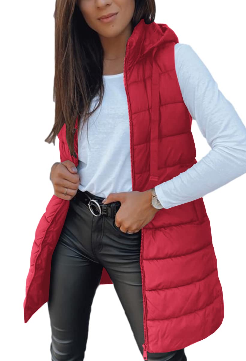 Veatzaer Women Long Vest Sleeveless Hood Winter Puffer Vest Outwear